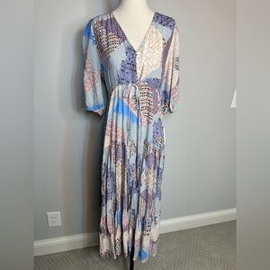 Sz S Jaase midi tiered dress patchwork print short sleeve v neck loose sleeve